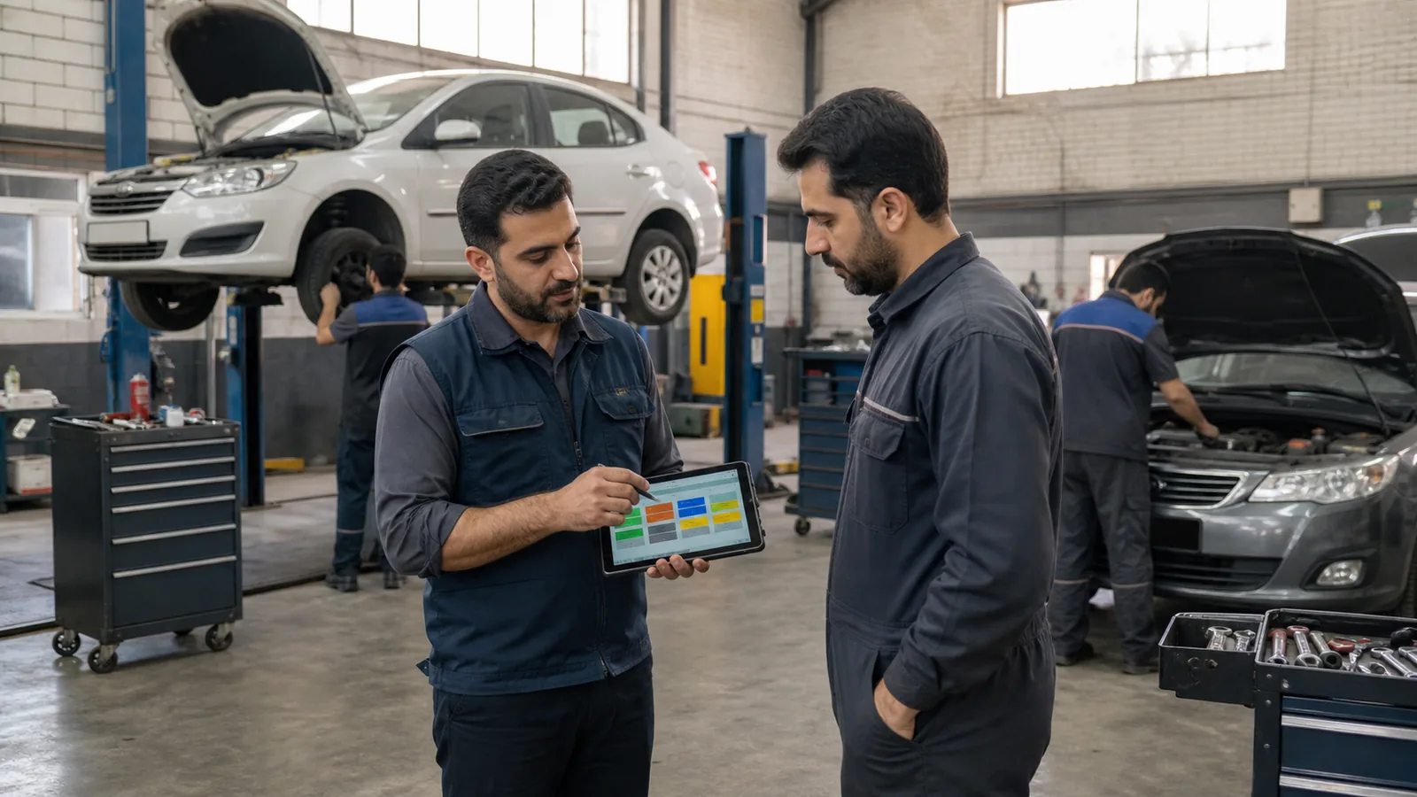 تقسیم کار بین مکانیک‌ها و کنترل وضعیت خودروهای در حال تعمیر